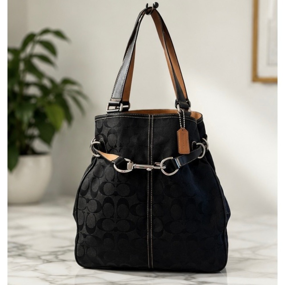 Coach Signature Black Canvas Leather Hobo Bag Horsebit